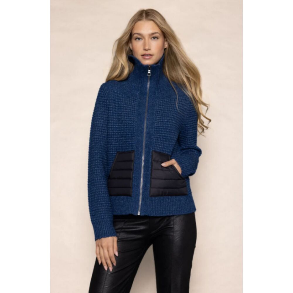 Lisa Todd Blue Ink Zip Knit Cardigan Puffer Pocket Wool Blend Sweater Jacket L